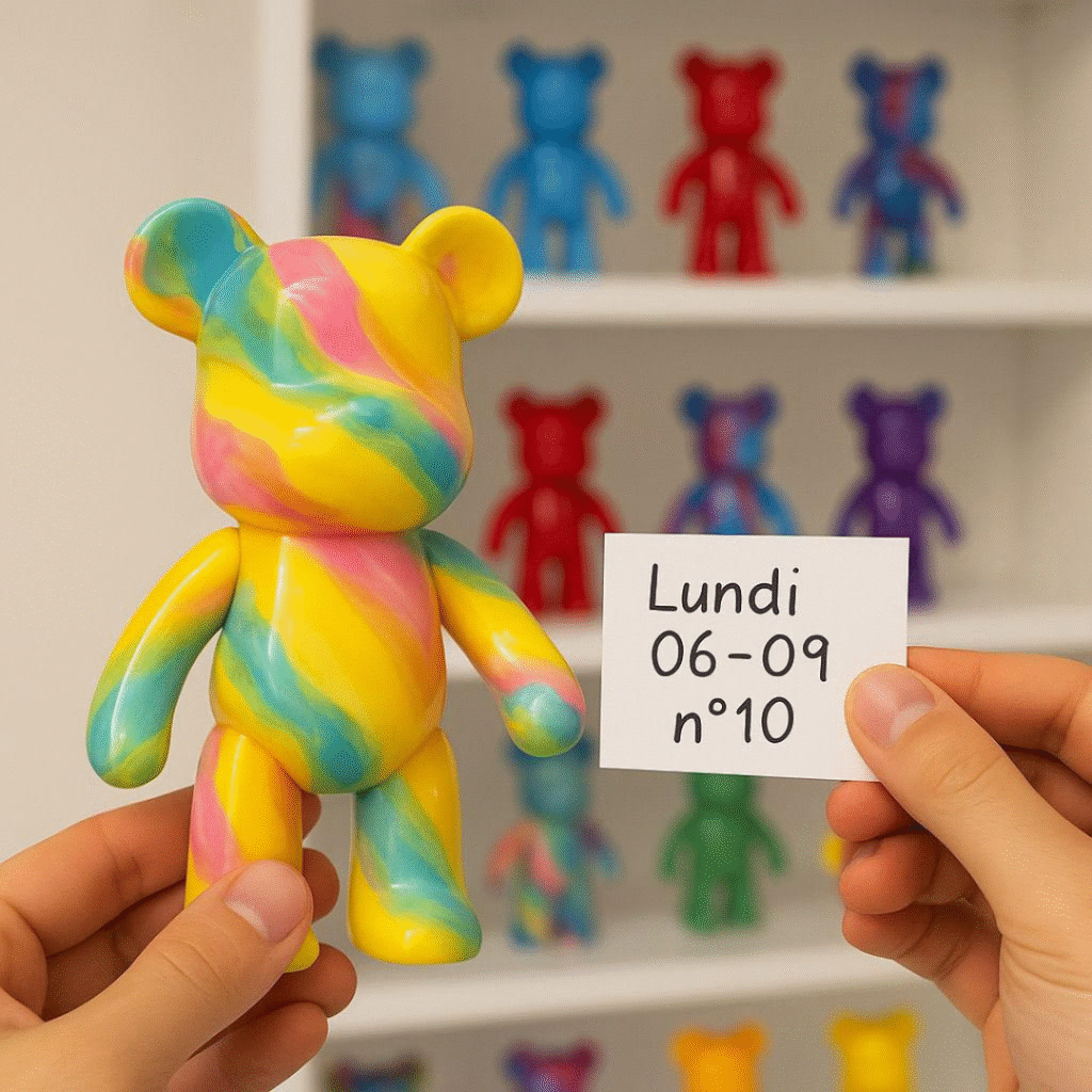 Ourson peint coloré avec une étiquette indiquant la date de création et son numéro d’identification