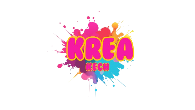 Logo Kreakech coloré avec éclaboussures et gouttes de peinture multicolores, représentant créativité, diversité des couleurs et art de la peinture.